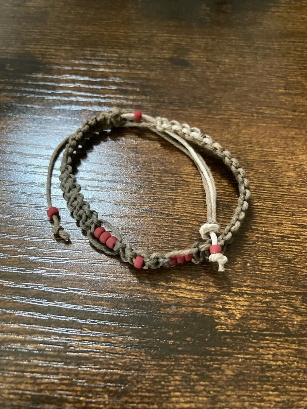 Handmade Hemp Cord Bracelet with Red Beads